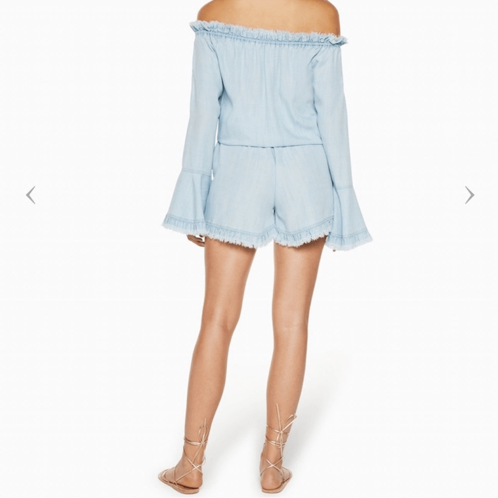 Ramy Brook Esie Chambray Romper Size XS Long Bell Sleeves Off the Shoulder