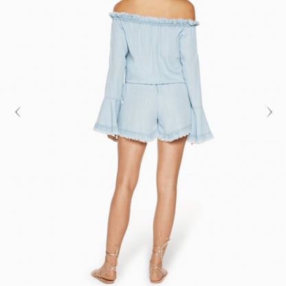 Ramy Brook Esie Chambray Romper Size XS Long Bell Sleeves Off the Shoulder