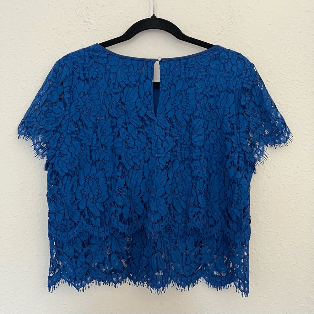Lulus Heartbeats Blue Eyelash Trim Tiered Lace Blouse Crop Top XL
