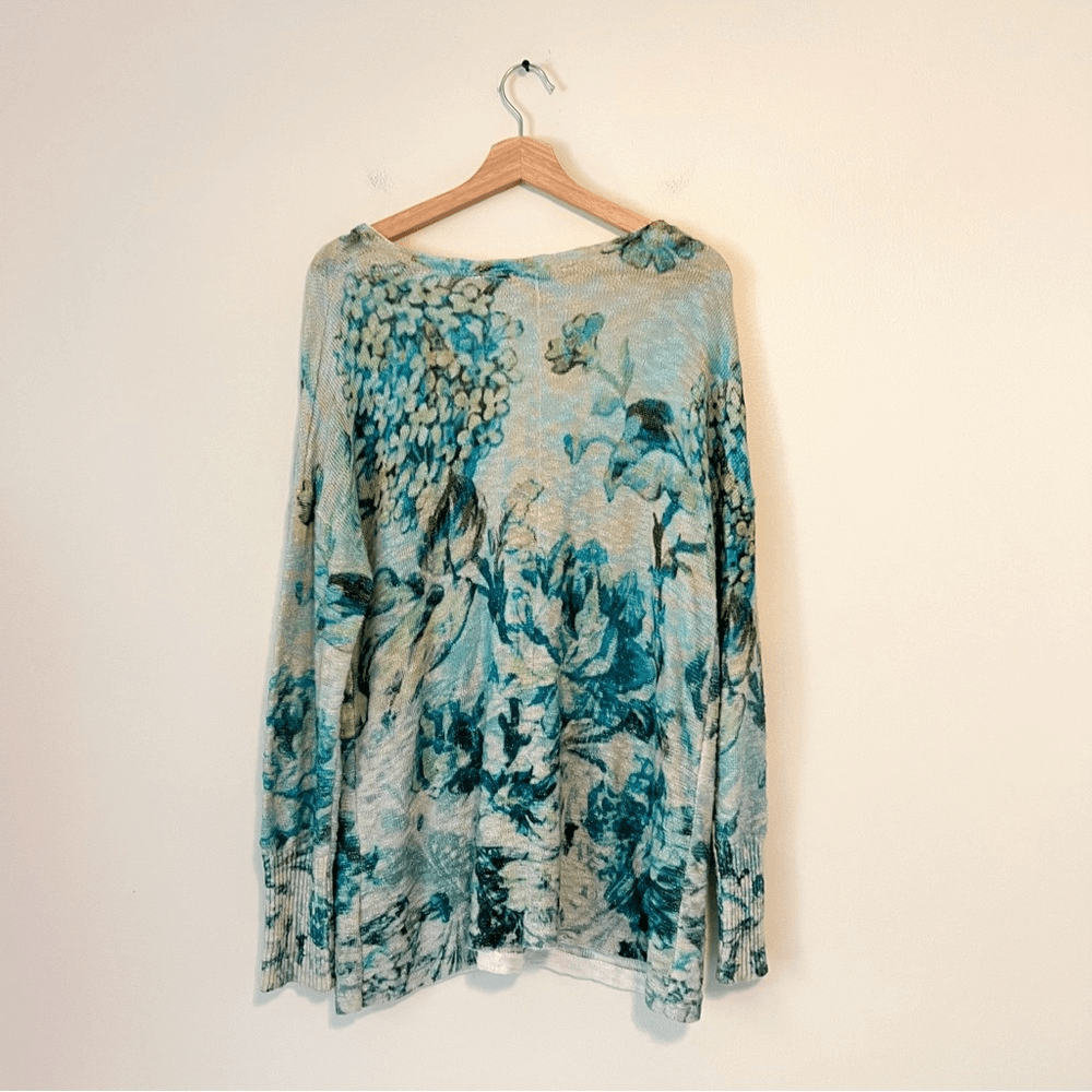 Soft Surroundings V-Neck Sweater Blue Floral Pullover Knit Size Large
