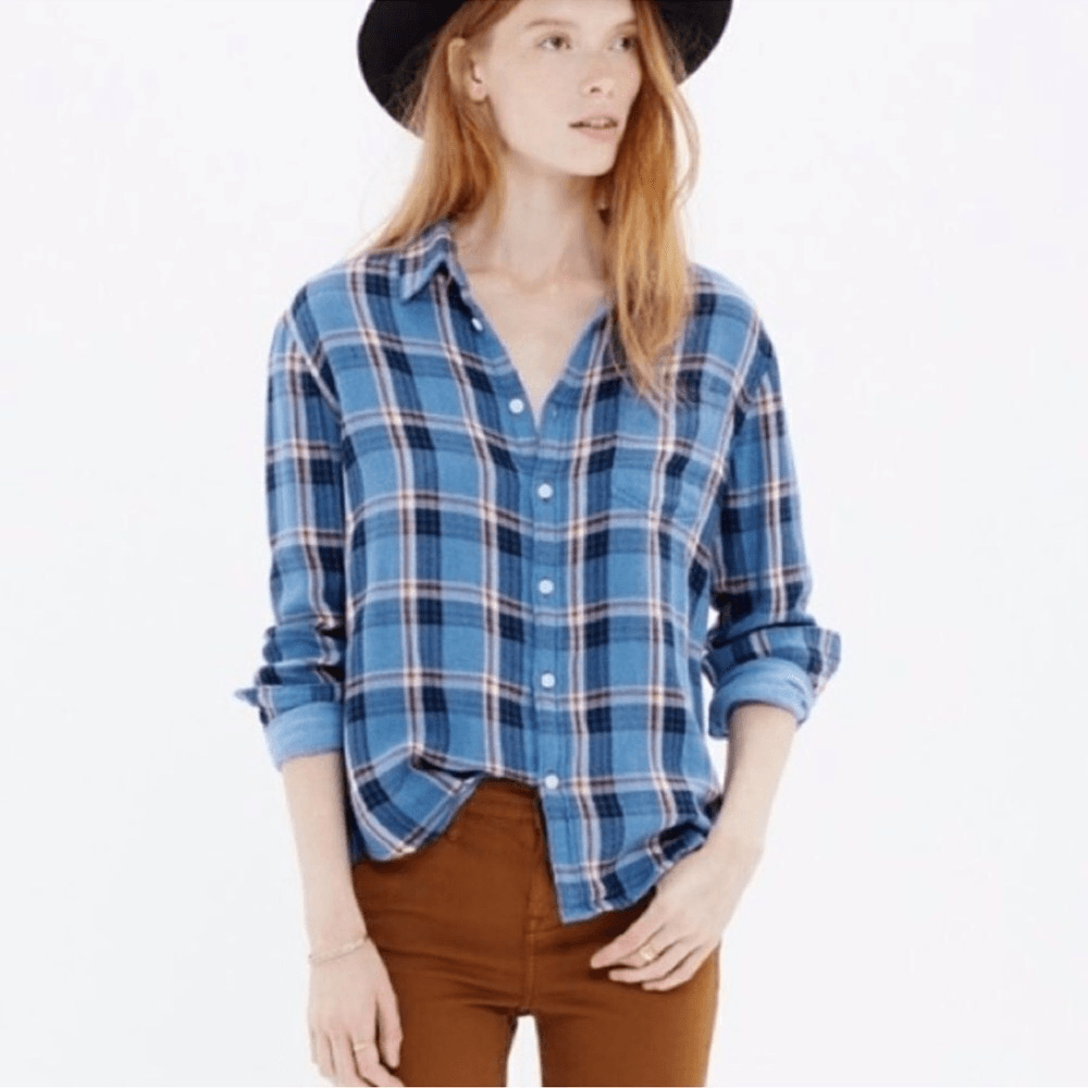 Madewell Flannel Plaid Button Down Shirt Size Small Long Sleeve in Blue