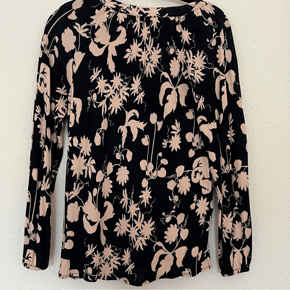 Ann Taylor Black Tan Floral Print Stretchy  Long Sleeve Blouse Top Size SP