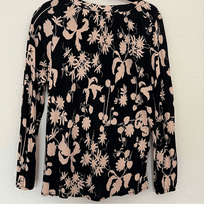 Ann Taylor Black Tan Floral Print Stretchy  Long Sleeve Blouse Top Size SP
