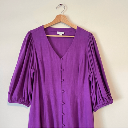 J.Jill Purple Button Front Linen Blend Midi Dress Puff Sleeve Size Large