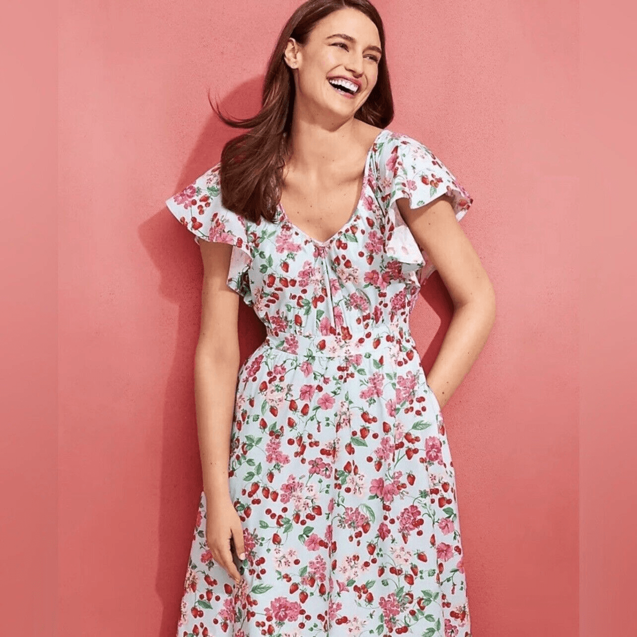 NEW Ann Taylor Strawberry Cherry Flutter Sleeve Flare Midi Dress Size 6 Petites