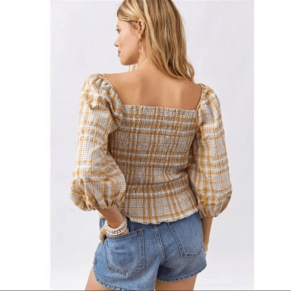 Anthropologie Maeve Neutral Plaid Square-Neck Blouse NEW Size Small