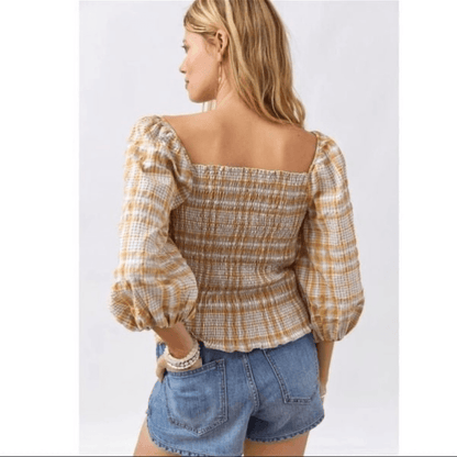 Anthropologie Maeve Neutral Plaid Square-Neck Blouse NEW Size Small