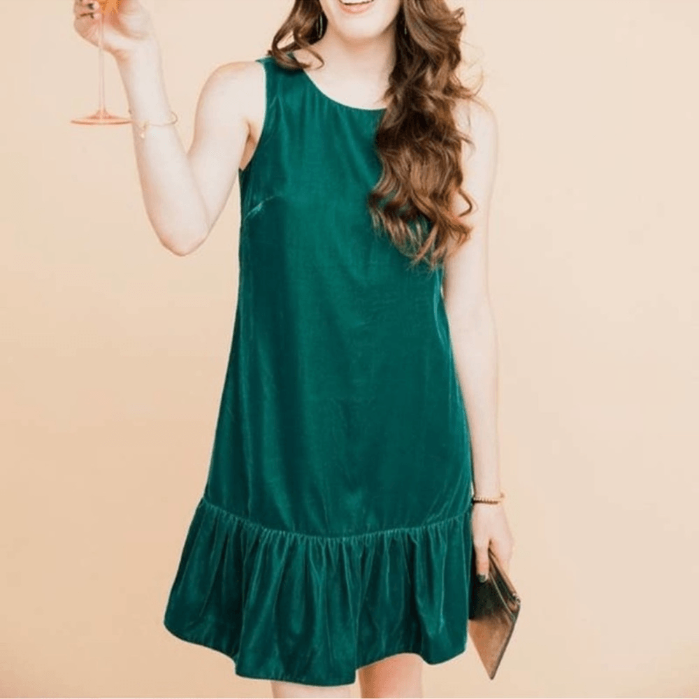 J. Crew Velvet Ruffle Hem Sleeveless Mini Dress in Emerald Green NEW Size 14