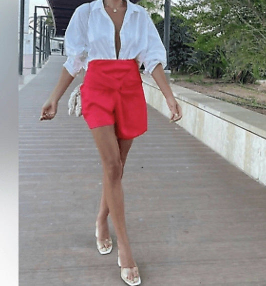 ZARA Coral Red Sateen Mini Skirt with Knot Detail Bloggers Fave Size XS