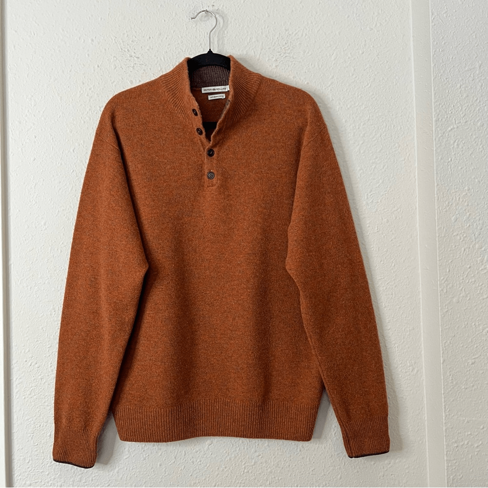 Peter Millar 100% Merino Wool Sweater Size Large Buttoned Mock Neck Burnt Orange