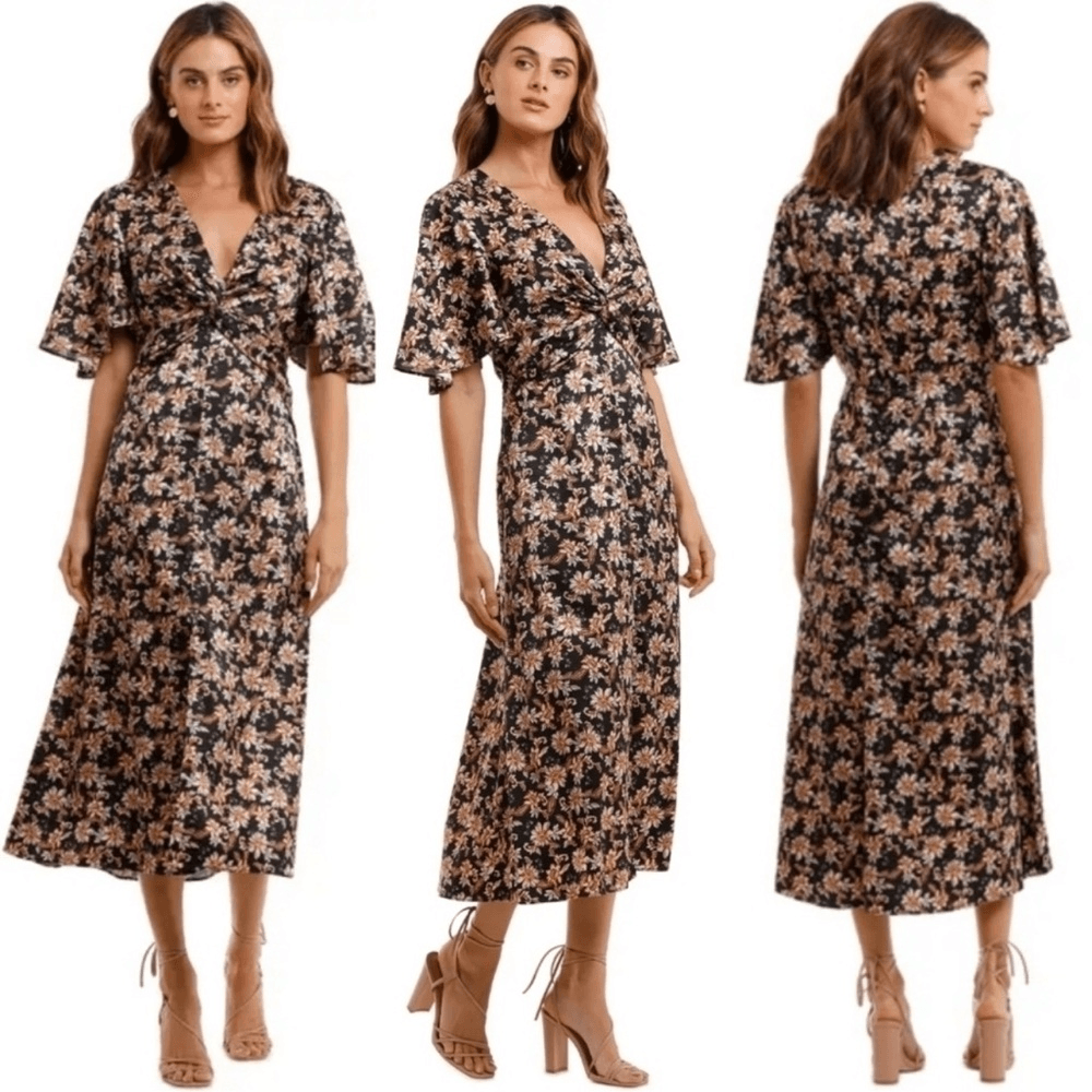 Acler Tippet Floral Flutter Sleeve Midi Dress Size 2