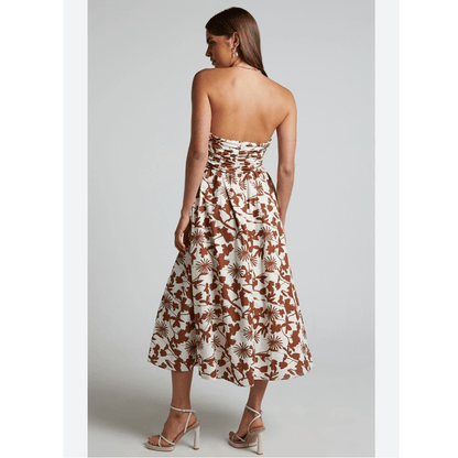 Showpo Evita Floral Midi Dress Ruched High Split Strapless NEW Size 14