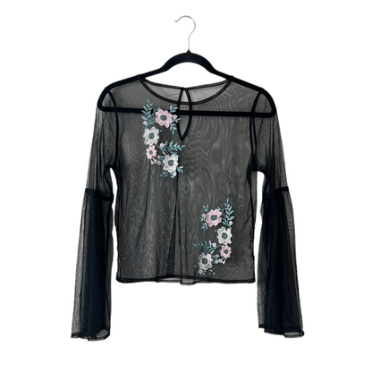 Embroidered Black Tulle Mesh Y2K Top Long Bell Sleeves 90s