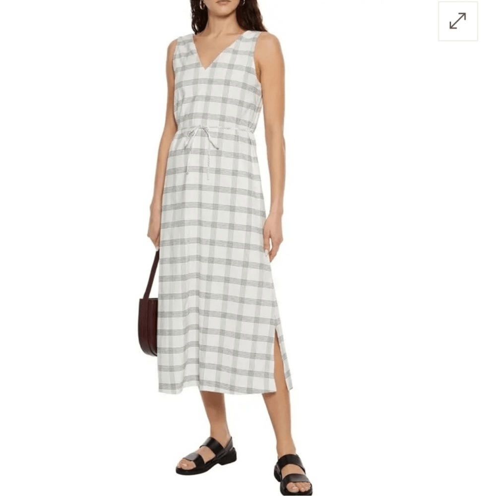 Theory Deep V Linen Blend Spring Plaid Midi Dress Size Medium in Ivory
