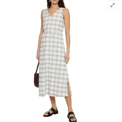 Theory Deep V Linen Blend Spring Plaid Midi Dress Size Medium in Ivory