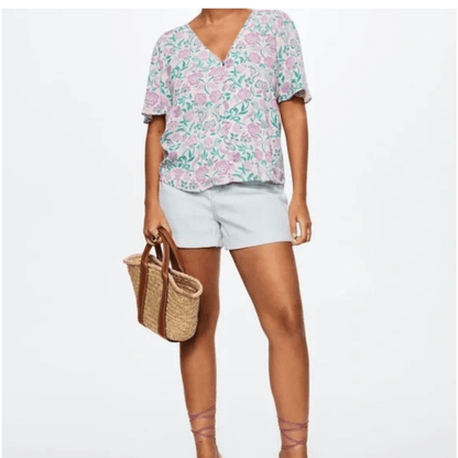 MANGO Flowy Floral Short Sleeve Blouse NEW Size 18