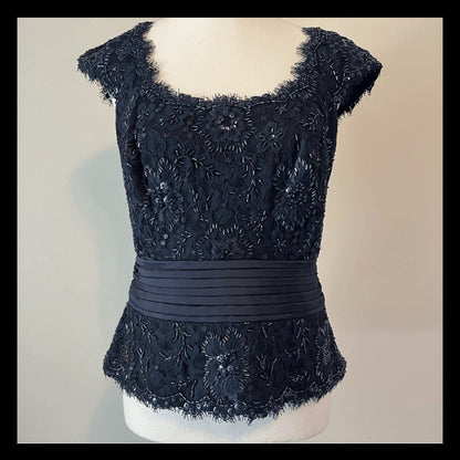 Tadashi Collection Sequin Beaded Navy Blue Top Blouse Size 8 Silk Embellishment