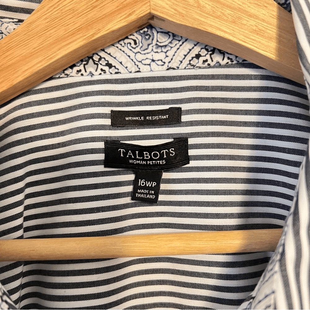 Talbots Striped Wrinkle Resistant Button Down Shirt Navy Blue White Size 16WP