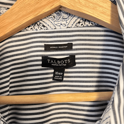 Talbots Striped Wrinkle Resistant Button Down Shirt Navy Blue White Size 16WP