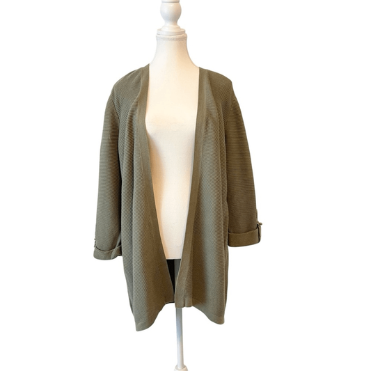 Chico’s Olive Green Open Front Cardigan Size Large Cotton