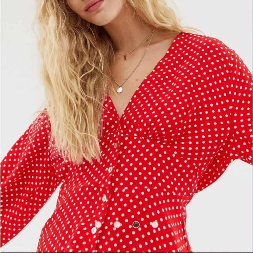 Free People Love Street Red White Polka Dot Long Sleeves Blouse M Retro Romantic