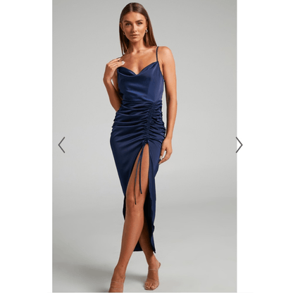 Showpo Lieselotte Midi Dress Ruched Front Split Cowl Neck Satin NEW Navy Blue 14