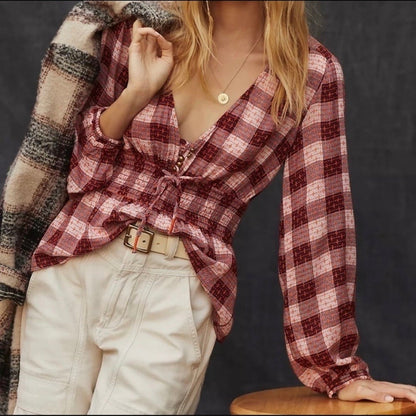 Anthropologie Pilcro Plaid Deep-V Blouse NEW Size Small