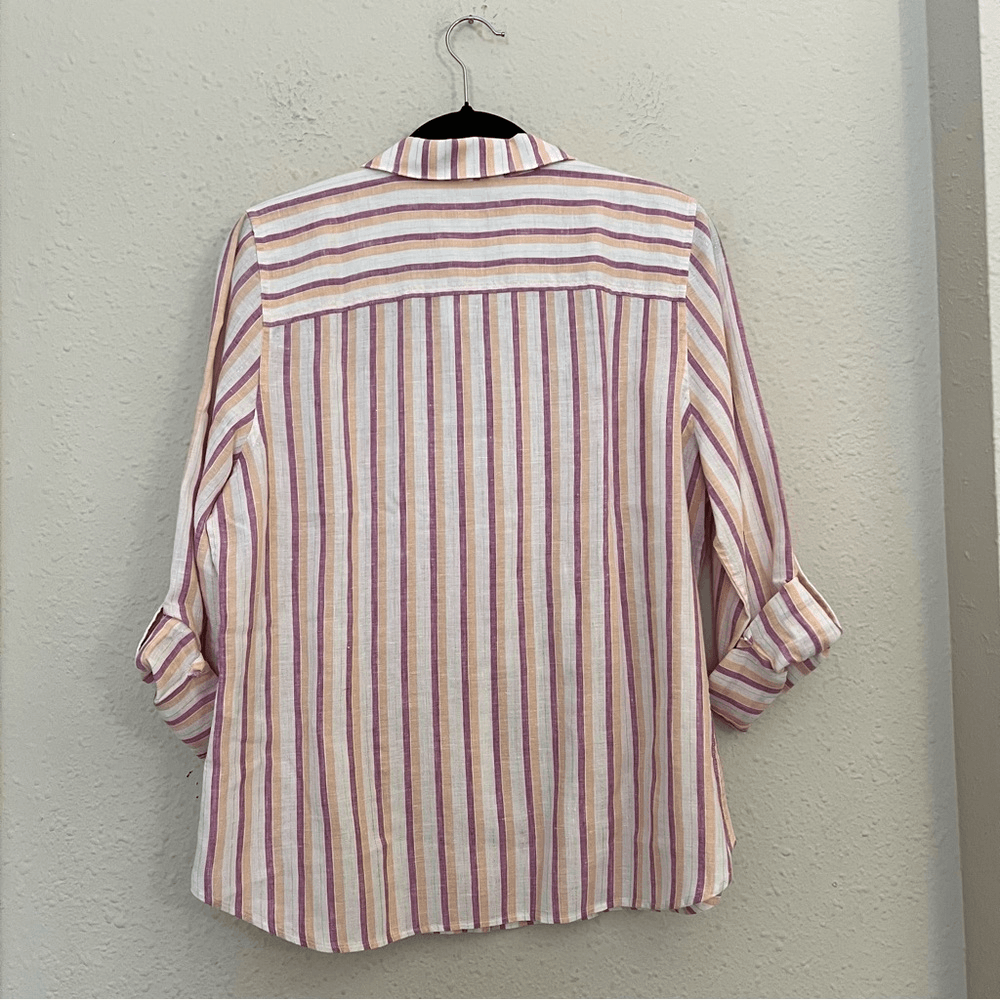 Chico’s Linen Metallic Striped Roll-Tab Button Front Shirt NEW Size 1