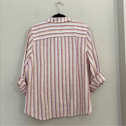 Chico’s Linen Metallic Striped Roll-Tab Button Front Shirt NEW Size 1