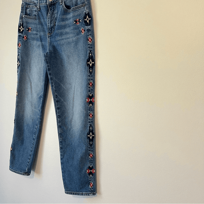 Driftwood Gizelle Aztec Embroidered Girlfriend Slim Jeans Size 28 Medium Wash