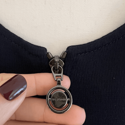 St. John Navy Blue Wool Blend Full Zip 3/4 Sleeve Knit Jacket Blazer Size Large