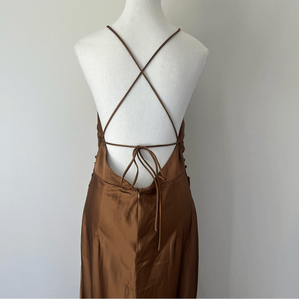 Showpo Malornan High Neck Ruched Satin Maxi Dress in Coffee Size 10