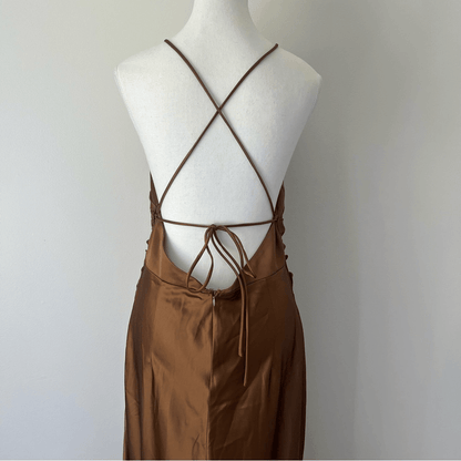 Showpo Malornan High Neck Ruched Satin Maxi Dress in Coffee Size 10