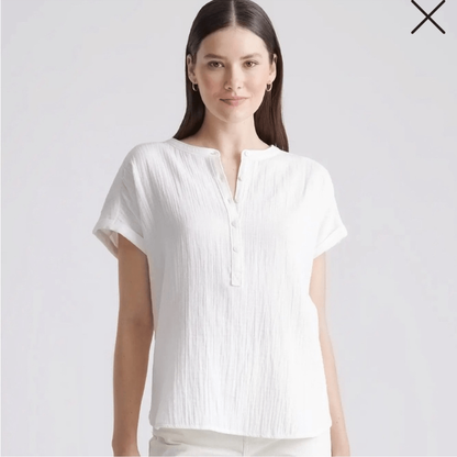 Quince Gauze Organic Cotton White Roll Sleeve Shirt Blouse Top Size Large