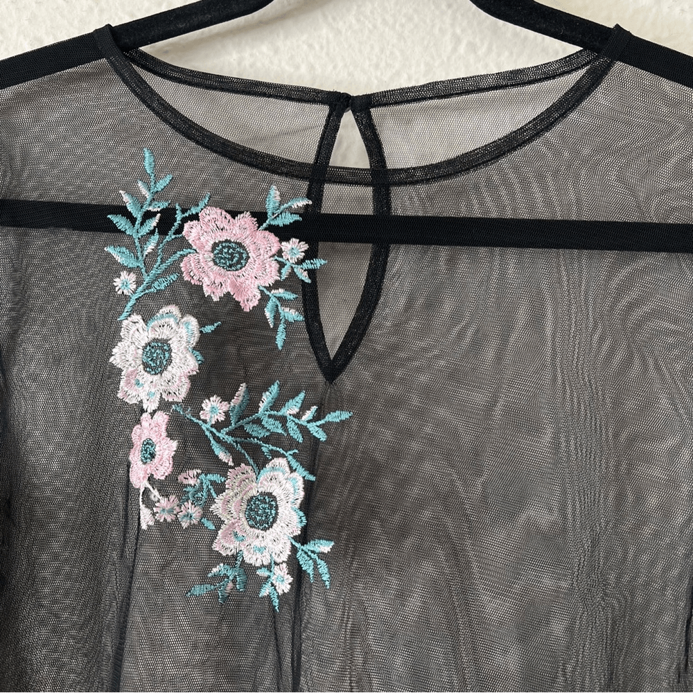Embroidered Black Tulle Mesh Y2K Top Long Bell Sleeves 90s