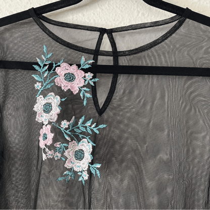 Embroidered Black Tulle Mesh Y2K Top Long Bell Sleeves 90s