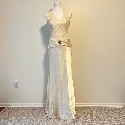 Vintage Butter Yellow Y2K Lace Satin Halter Maxi Dress Size 10