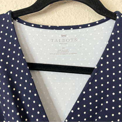Talbots Polka Dot Faux Wrap Stretch Dress Size 2 Petites Navy Blue