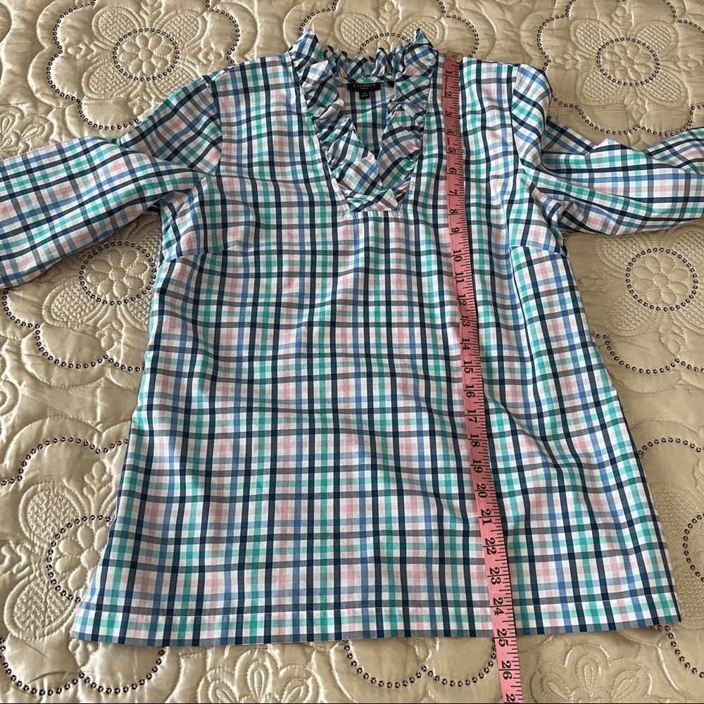 Talbots Ruffle Neck Gingham Shirt Blouse Size 4 Petites
