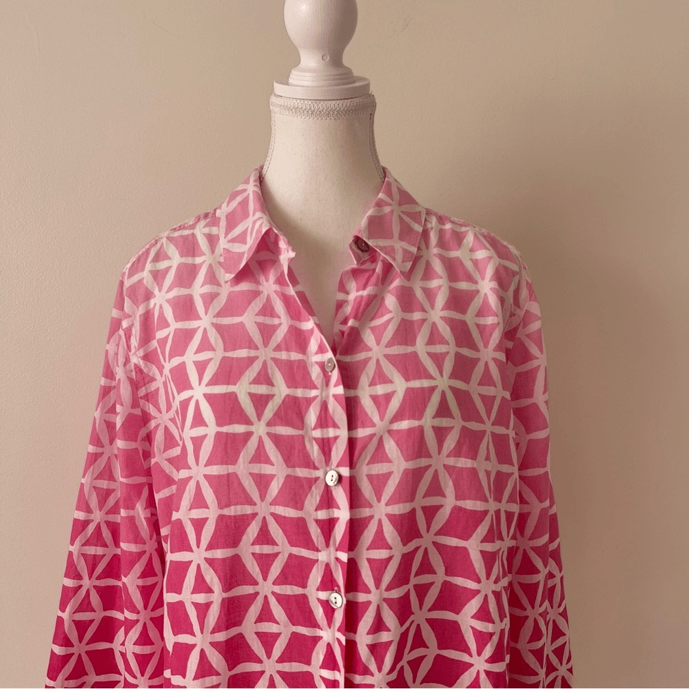 Chico’s Geometric Ombre Button Up Blouse Cotton Long Sleeve Top Size Large