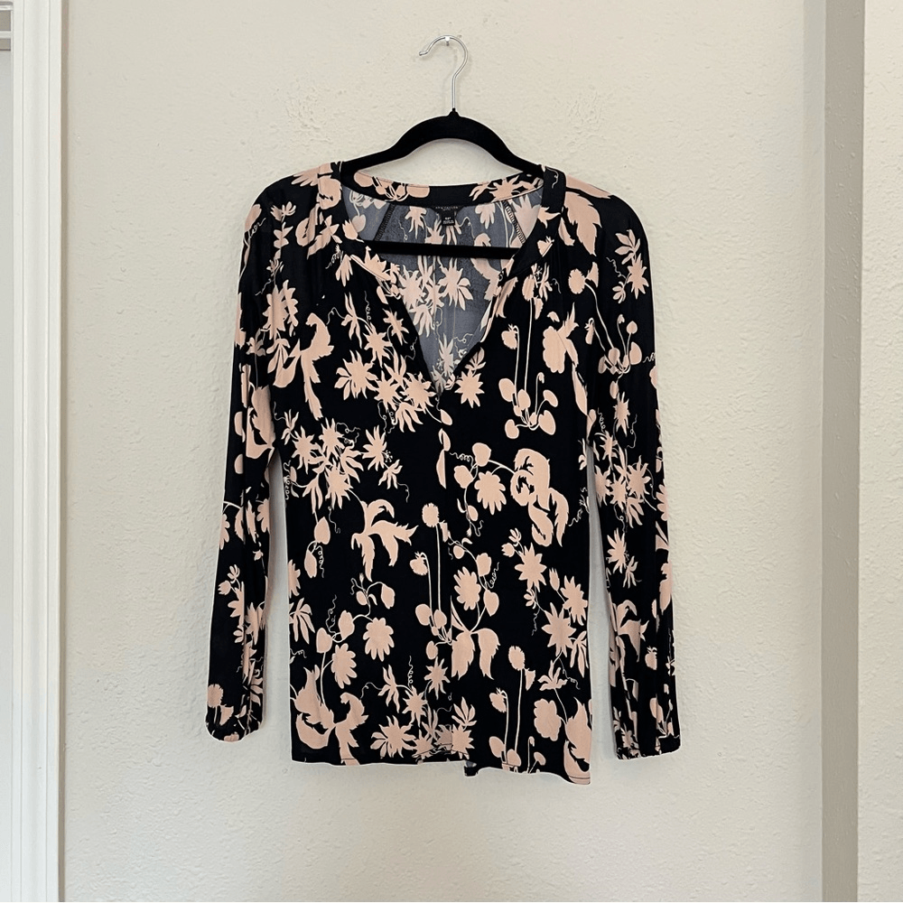 Ann Taylor Black Tan Floral Print Stretchy  Long Sleeve Blouse Top Size SP