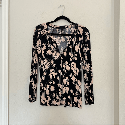 Ann Taylor Black Tan Floral Print Stretchy  Long Sleeve Blouse Top Size SP