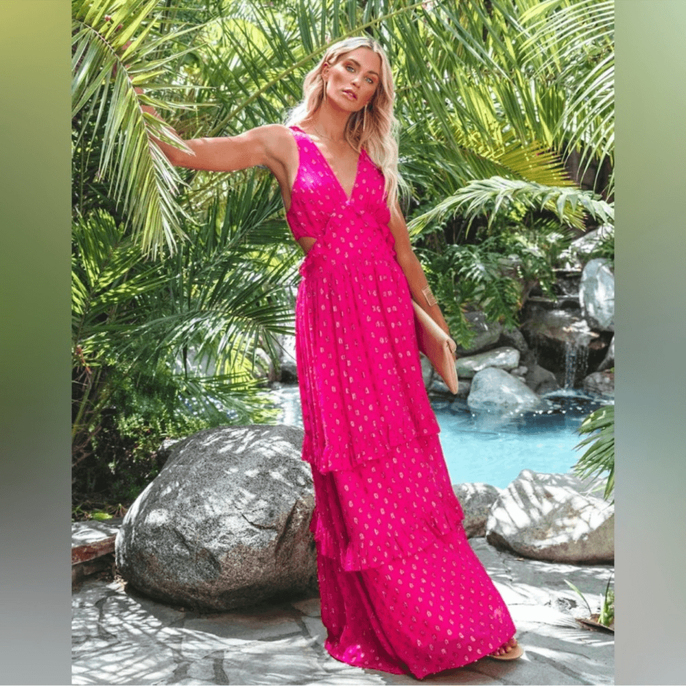 En Creme Pink Metallic Ruffled Maxi Dress Size Medium NEW