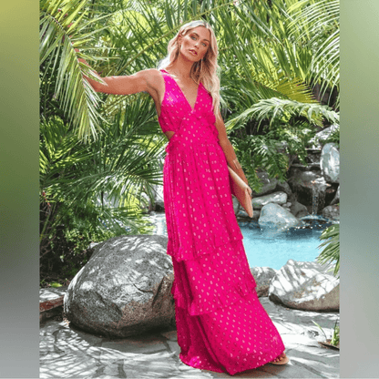 En Creme Pink Metallic Ruffled Maxi Dress Size Medium NEW