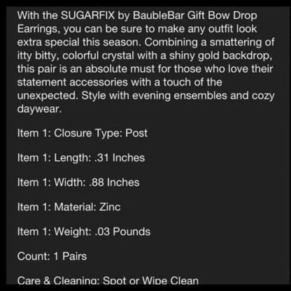 Sugarfix Baublebar Gift Bow Holiday Christmas Drop Earrings NEW