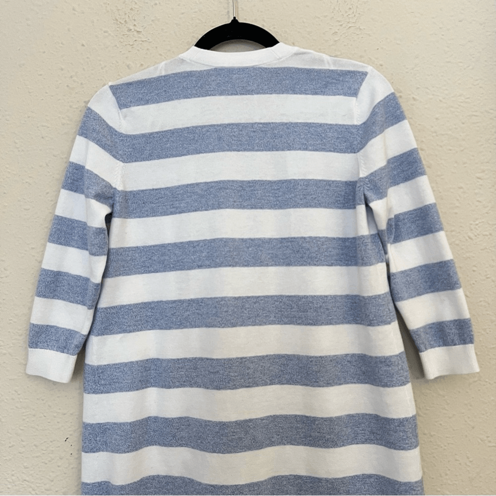 Talbots Striped Blue White Marled Longline Duster Cardigan Pima Cotton Size SP