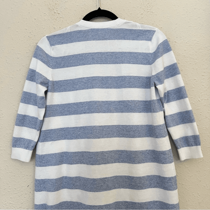 Talbots Striped Blue White Marled Longline Duster Cardigan Pima Cotton Size SP