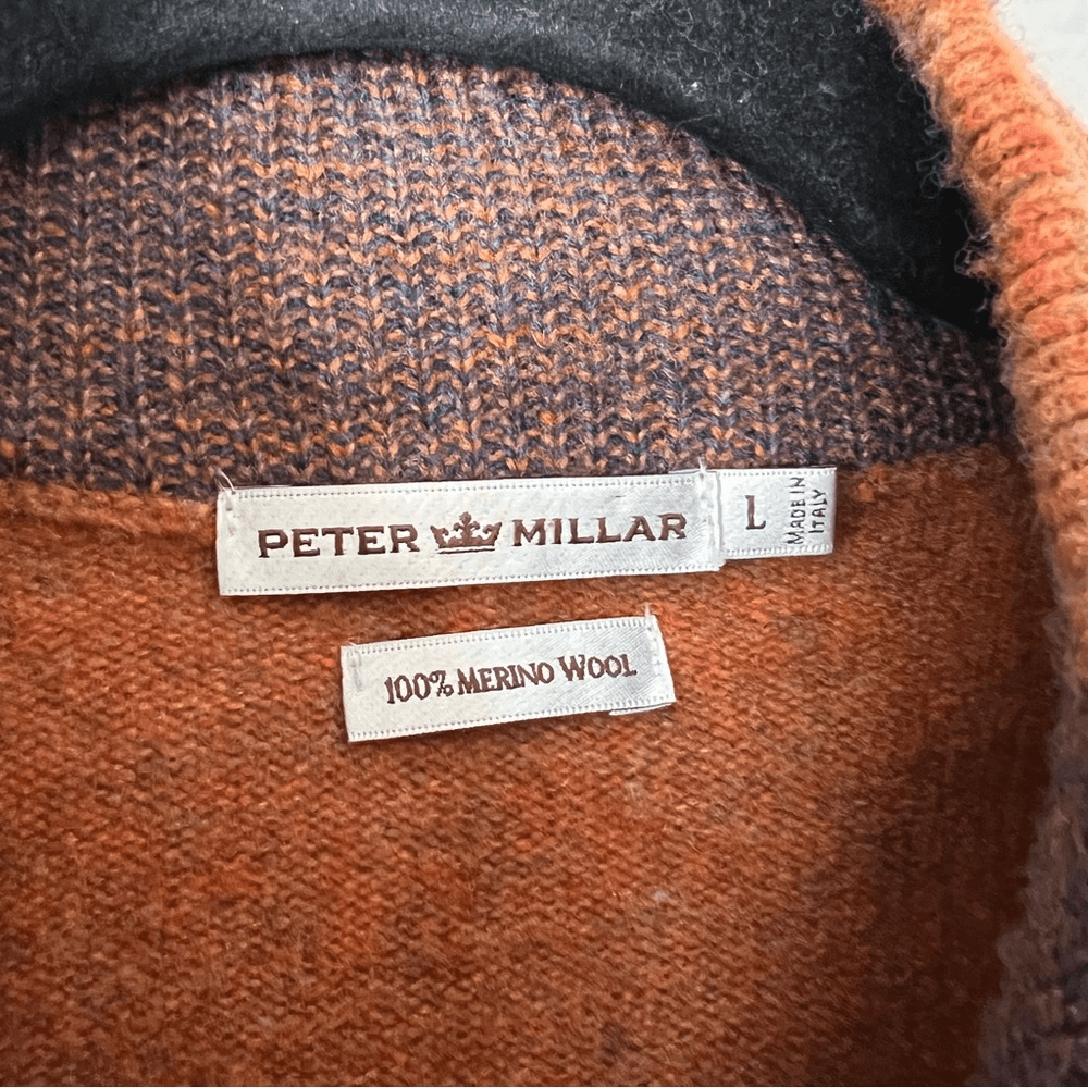 Peter Millar 100% Merino Wool Sweater Size Large Buttoned Mock Neck Burnt Orange