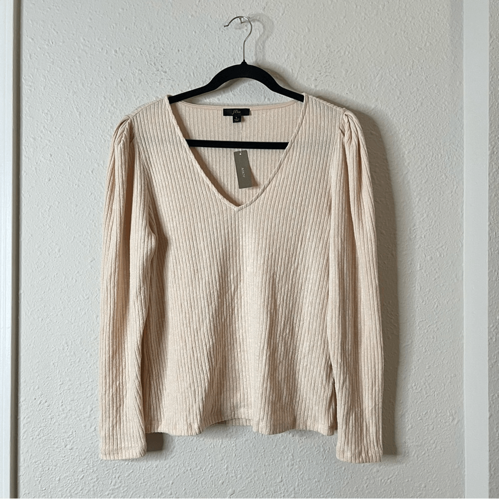 J. Crew Puff Sleeve V-Neck Soft Ribbed Long Sleeve Top NEW Size Large