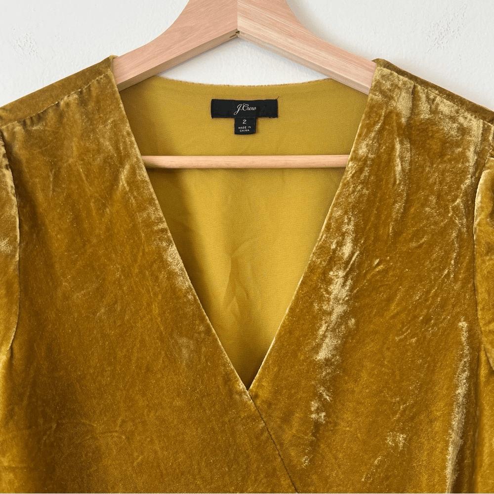 J. Crew Faux Wrap Velvet Long Sleeve Blouse Size 2 in Mustard Yellow